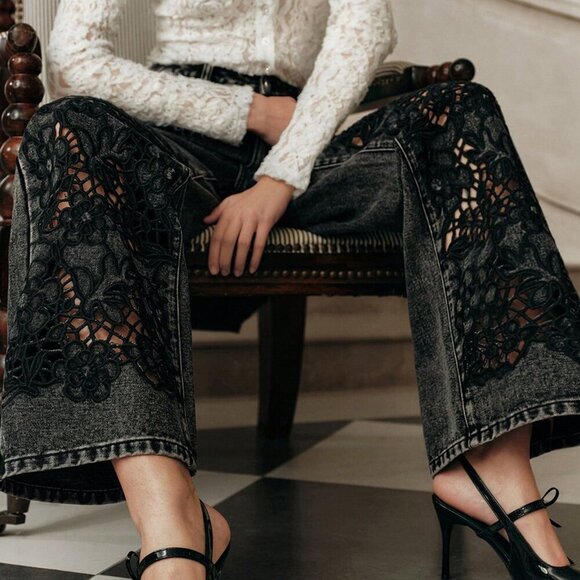 MODA ME COUTURE Denim - Black Elegant Women's High Waist Embroidered Loose Jeans